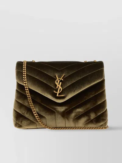 Saint Laurent Olive Green Velvet Small Loulou Shoulder Bag In Black