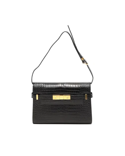 Saint Laurent Small Manhattan Croc-embossed Shoulder Bag In Black