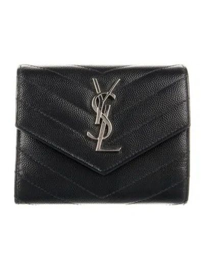 Pre-owned Saint Laurent Small Monogram Matelassé Trifold Leather Compact Wallet In Black
