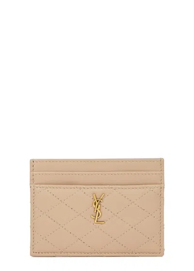 Saint Laurent Small Quilted Leather Card Holder In Beige