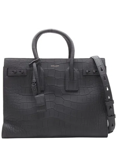 Saint Laurent Small Sac De Jour Stamped Croc Tote Bag (authentic Pre-loved) In Black
