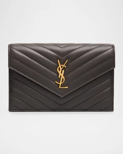 Saint Laurent Small Ysl Wallet On Chain In Grain Leather In Brown