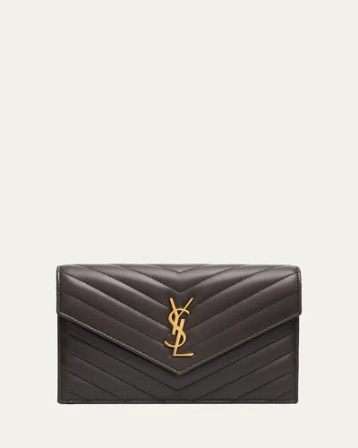 Saint Laurent Small Ysl Wallet On Chain In Grain Leather In Brown
