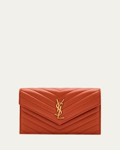 Saint Laurent Small Ysl Wallet On Chain In Grain Leather In Brown