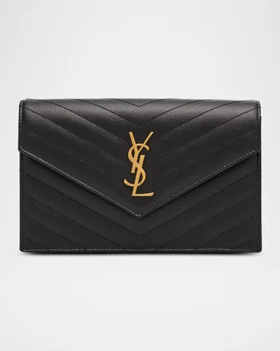 Saint Laurent Small Ysl Wallet On Chain In Grain Leather In Black