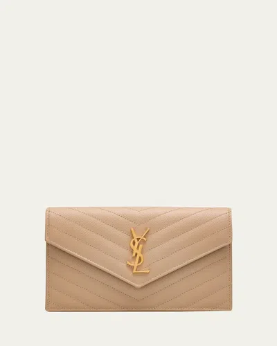 Saint Laurent Small Ysl Wallet On Chain In Grain Leather In Brown