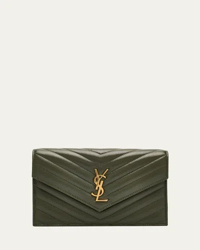 Saint Laurent Small Ysl Wallet On Chain In Grain Leather In Brown