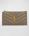 Saint Laurent Small Ysl Zip Card Case In Quilted Leather In Greyish Brown