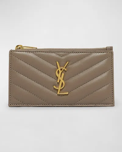 Saint Laurent Small Ysl Zip Card Case In Quilted Leather In Greyish Brown