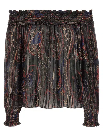 Saint Laurent Smocked Off-the-shoulder Blouse Ruffled Neckline In Brown