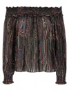 Saint Laurent Smocked Off-the-shoulder Blouse Ruffled Neckline In Brown