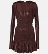 Saint Laurent Smocked Lamé Jersey Minidress In Burgundy