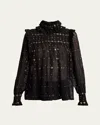 Saint Laurent Embroidered Crepe Blouse With Ruffles And Smocked Yoke In Neromekong