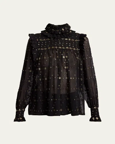 SAINT LAURENT SMOCKED SHEER HIGH NECK EMBROIDERED BLOUSE