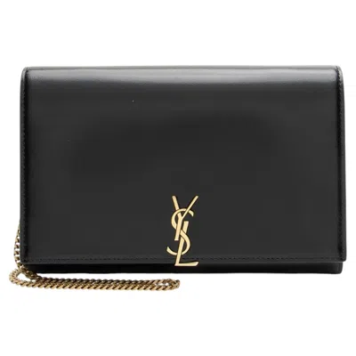 Pre-owned Saint Laurent Smooth Calfskin Monogram Cassandre Chain Wallet In Black