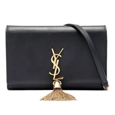Pre-owned Saint Laurent Smooth Calfskin Monogram Kate Tassel Chain Wallet In Black