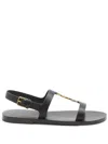 Saint Laurent Black Sandals With Metal Cassandre On The Front And Adjustable Strap In Leather Woman In Black