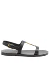 Saint Laurent Black Sandals With Metal Cassandre On The Front And Adjustable Strap In Leather Woman In Black