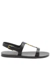 Saint Laurent Black Sandals With Metal Cassandre On The Front And Adjustable Strap In Leather Woman In Black