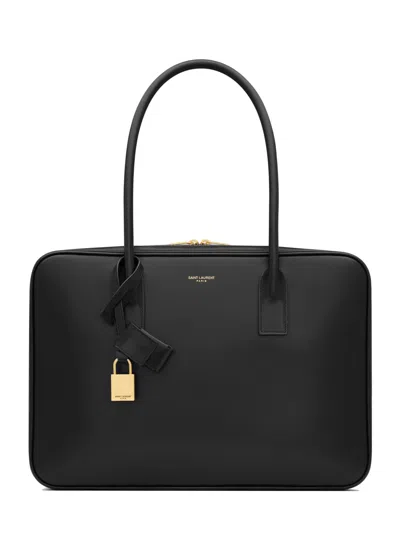 Saint Laurent Smooth Leather Satchel Handbag 33 X 23.5 X 10 Cm In Black