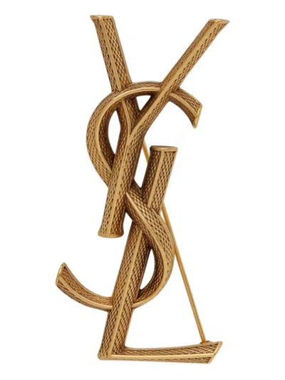 Saint Laurent Snake-effect Brooch In Brown