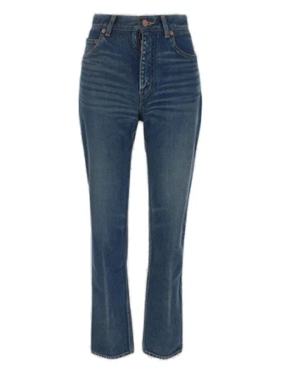 Saint Laurent Soft Cotton Tapered Jeans For Women In Light Blue