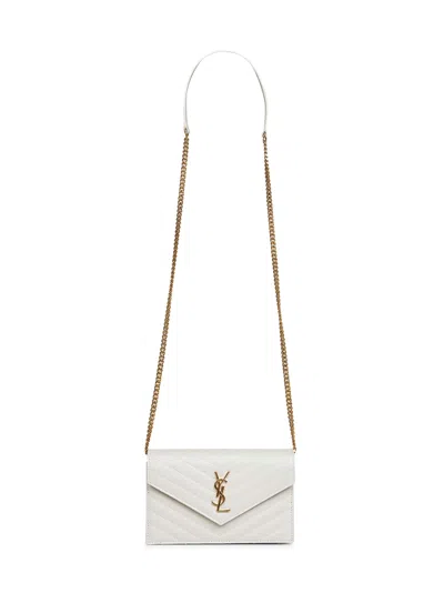 Saint Laurent Soft Cream Cassandre Classic Envelope Clutch With Chain Shoulde Strap In White