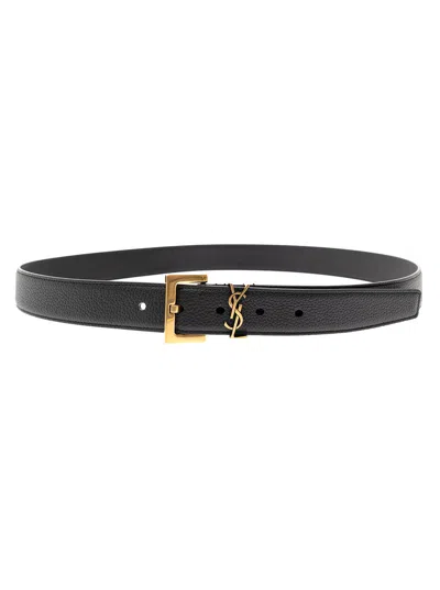 Saint Laurent Soft Leather Belt With Gold Metal Buckle Man Ysl In Black