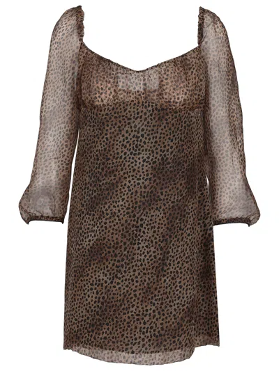 Saint Laurent Silk Dress Leopard Motif Square Neckline In Brown
