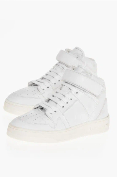 Saint Laurent Solid Colour Leather High Top Trainers In White