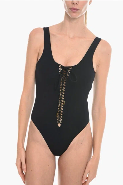 Saint Laurent Solid Color One Piece Swimsuit With Lace-up Detail In Black