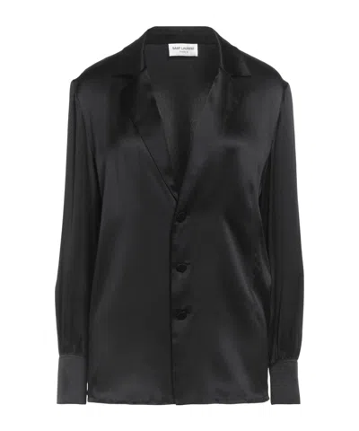 Saint Laurent Solid Color Satin Long-sleeve Shirt In Black