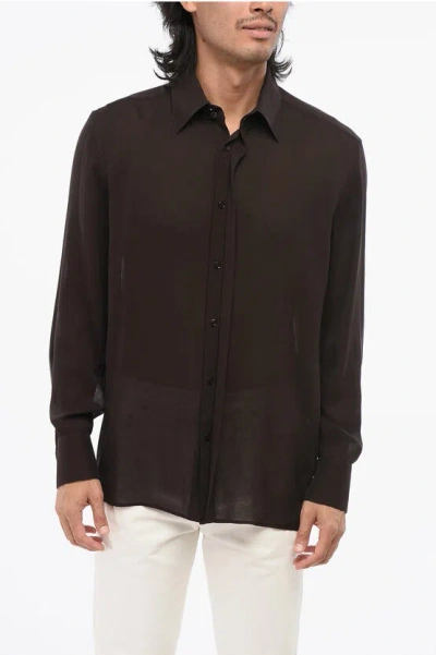 Saint Laurent Solid Color Silk Shirt In Brown