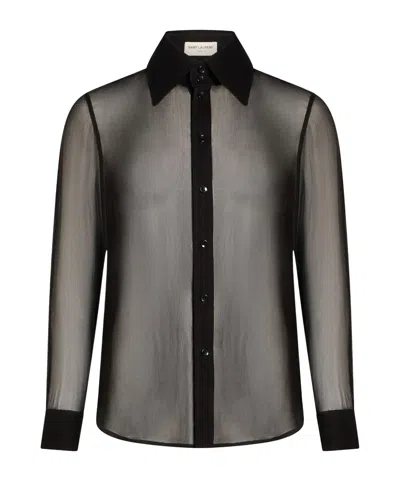 Saint Laurent Solid Color Silk Shirts In Black