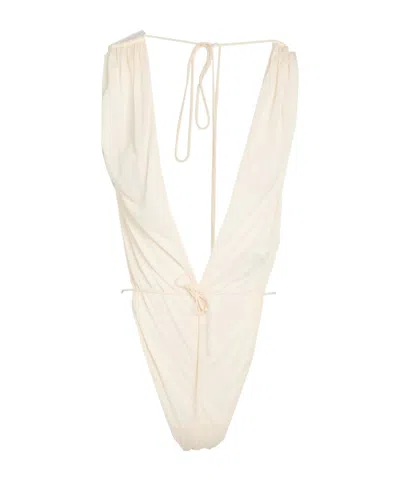Saint Laurent Solidcolor Chiffon Sleeveless Offtheshoulder Bodysuit In Neutral