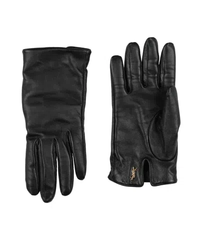 Saint Laurent Solid-color Leather Gloves Decorated In Black