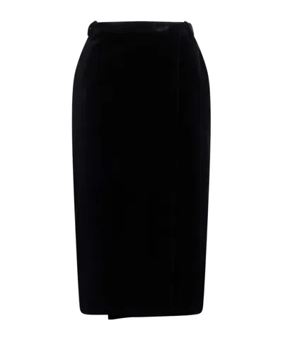Saint Laurent Solid-color Velvet Midi Skirt In Black