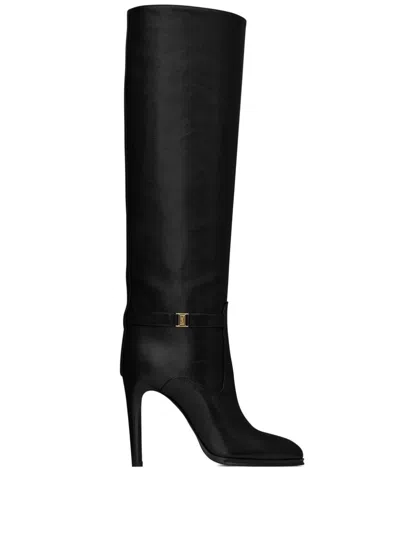 Saint Laurent Diane 100 Grained Leather Knee-high Boots In Black