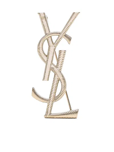 Saint Laurent Cassandre Cord Texture Metal Brooch In Metallic