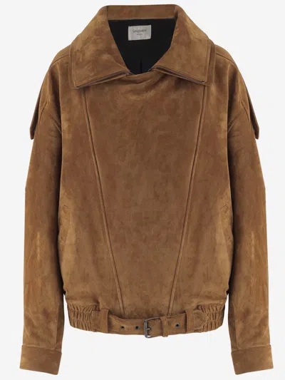 Saint Laurent Split Cowhide Leather Oversized Jacket In Brown