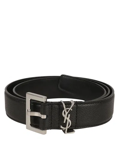 Saint Laurent Square Buckle Calfskin Belt In Black