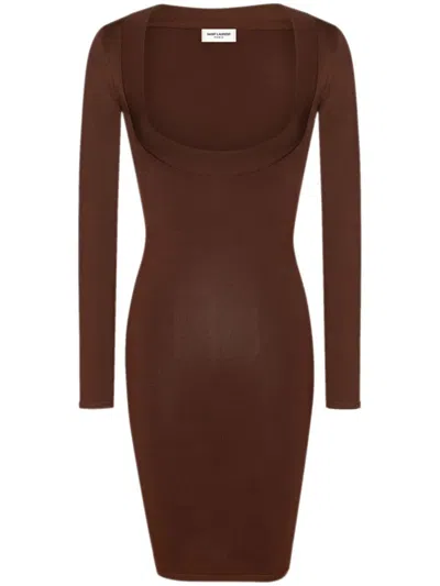 Saint Laurent Square-neck Knitted Dress In Brown