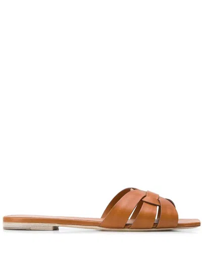 Saint Laurent Square Toe Intertwining Strap Sandals With Leather Sole In Marrone