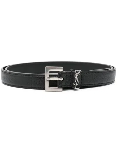Saint Laurent Squared Buckle Smooth Leather Cassandre Thin Belt Accessories In Black