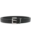 Saint Laurent Squared Buckle Smooth Leather Cassandre Thin Belt In Black