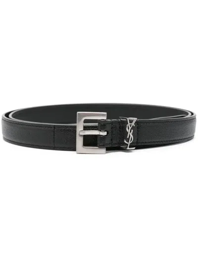 Saint Laurent Squared Buckle Smooth Leather Cassandre Thin Belt In Black