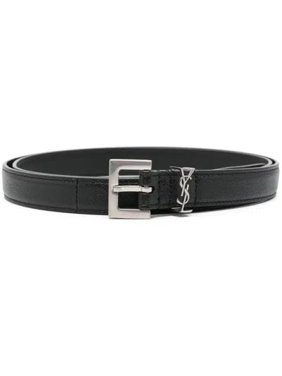 Saint Laurent Squared Buckle Smooth Leather Cassandre Thin Belt In Black