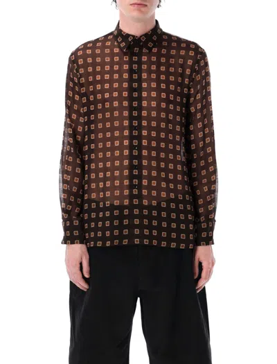 Saint Laurent Squared Wool Etamine Shirt With Semi-sheer Finish In Brown