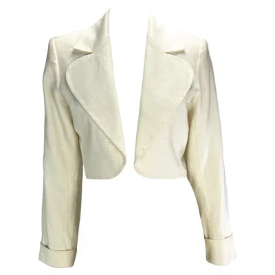 Pre-owned Saint Laurent S/s 1986  Rive Gauche Cropped White Linen Flax Open Blazer Fr38
