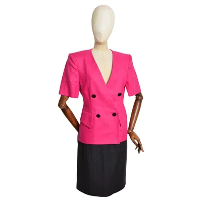 Pre-owned Saint Laurent S/s 1990 Yves  Hot Pink Fuchsia Short Sleeved Jacket & Skirt Suit